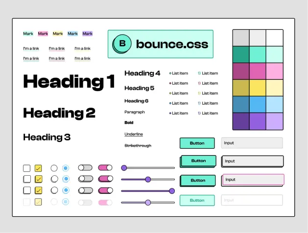 an arrangement of different UI components in Bounce.css such as colors, typography, buttons, form elements, etc.