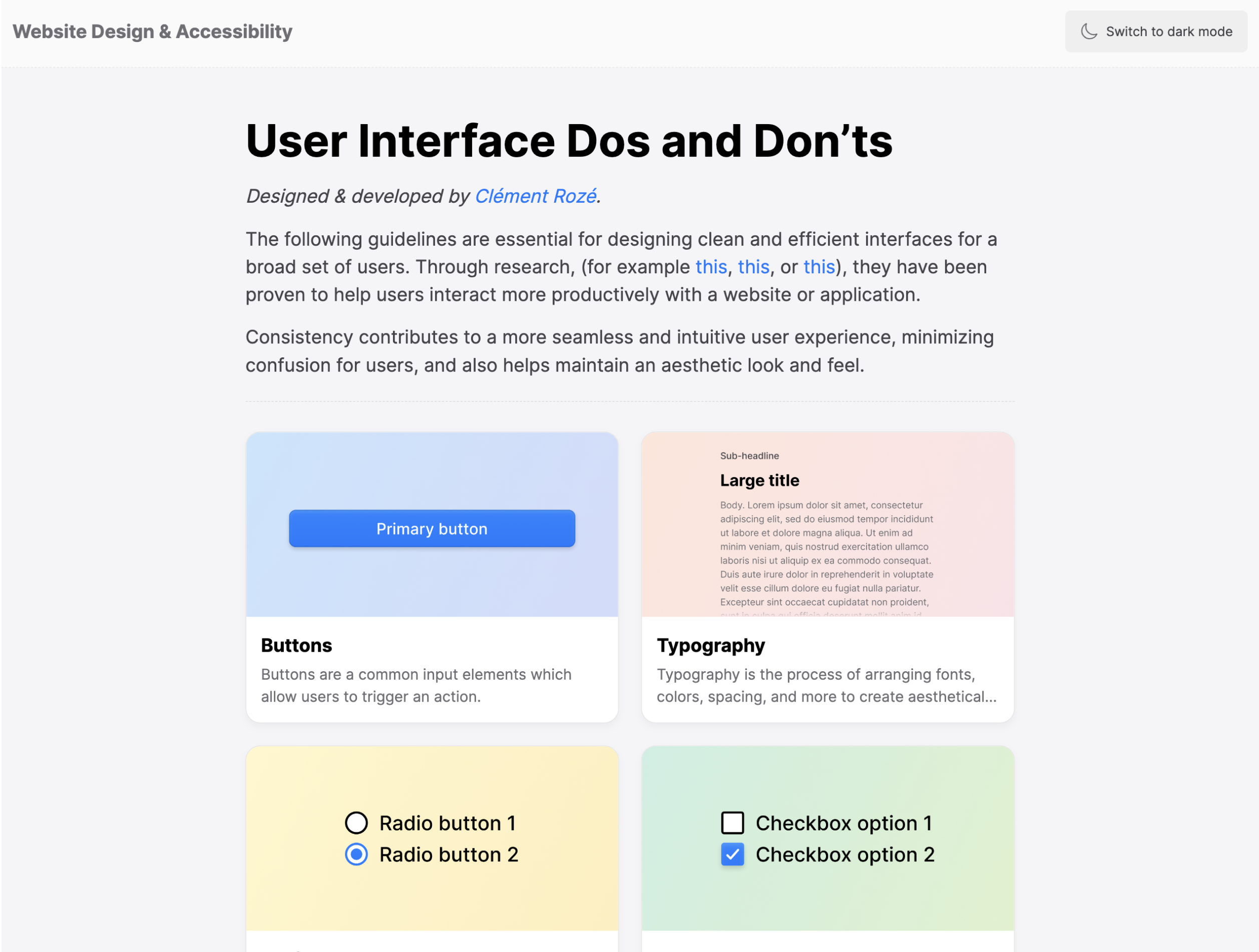 home page of UI Dos and Don'ts website showing several UI categories for guidelines