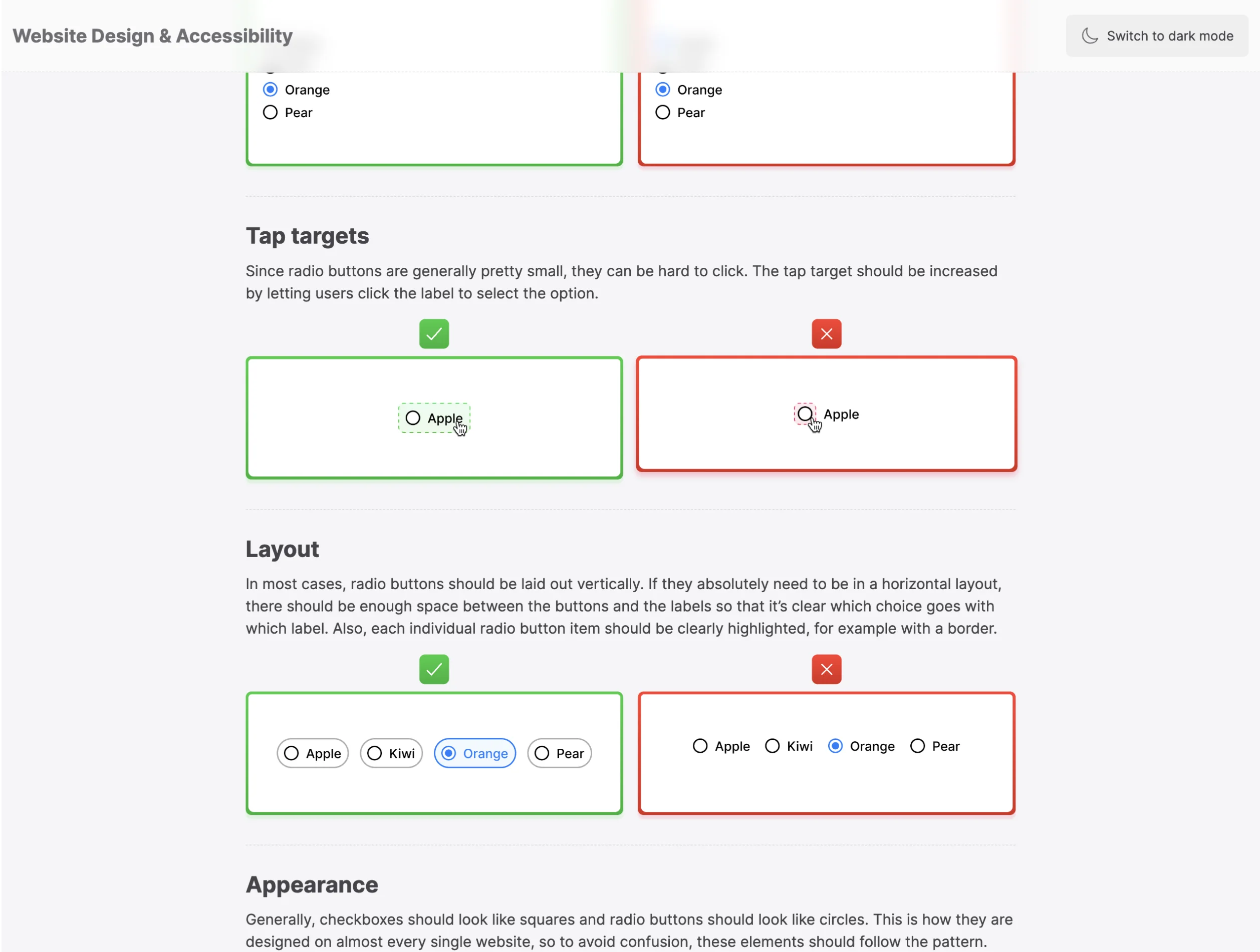 'Radio buttons' page of UI Dos and Don'ts website