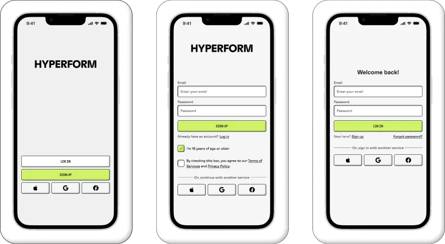 3 phones showing the start page, sign up page, and log in page of the Hyperform app