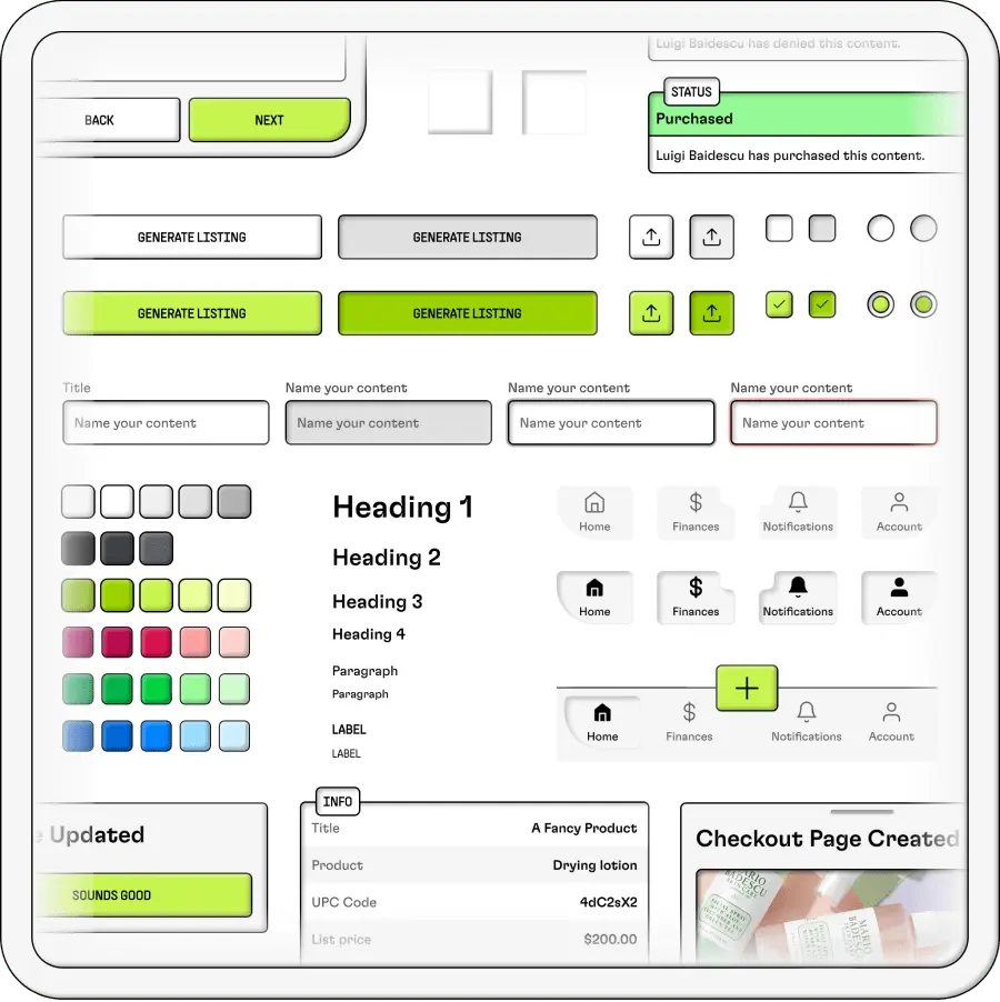 an arrangement of different UI components included in Hyperform's design system such as colors, typography, buttons, form elements, etc.