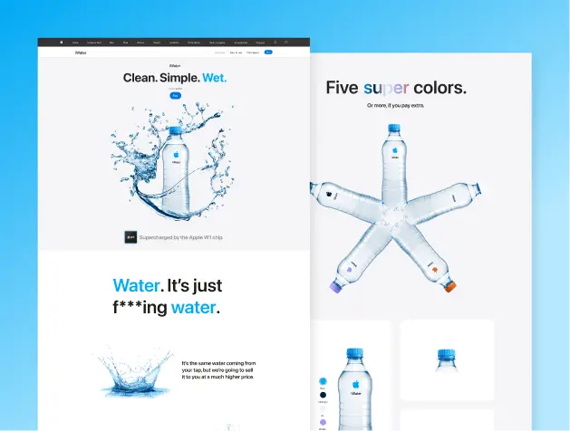 parody landing page of the iWater product, focusing on the hero and colors section