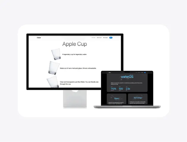 parody landing page of the iWater product, focusing on Apple Cup and waterOS