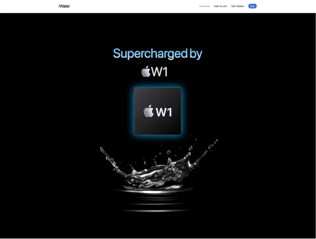 parody landing page of the iWater product, focusing on the W1 chip