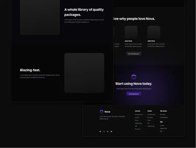 feature and footer sections of the Nova landing page