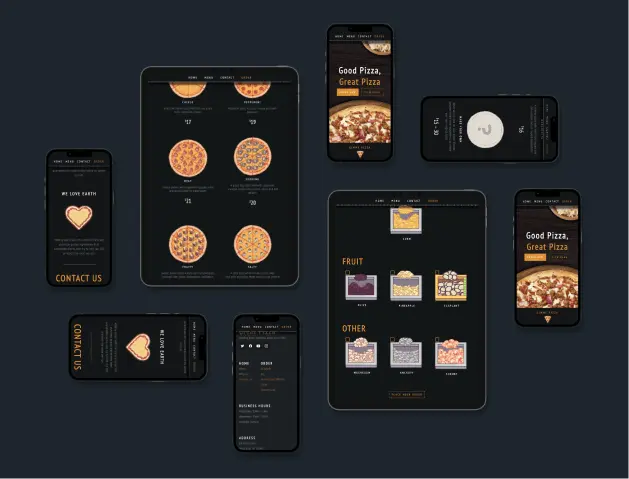 an arrangemenet of tablets and phones showing various screens of the Good Pizza, Great Pizza website