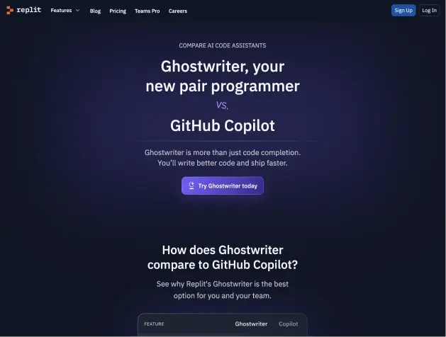 hero section of Replit's Ghostwriter versus Copilot comparison marketing page